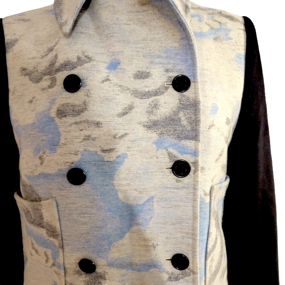 Kenzo Blue Watercolor & Black Wool Peplum Pea Coat - Picture 2 of 8
